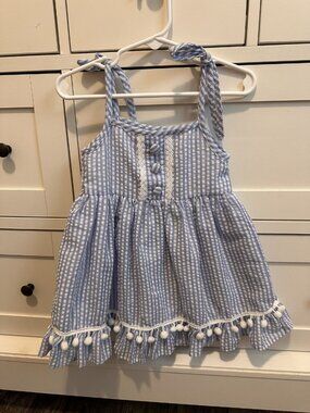 Sugar Dumplin Kids - blue and white striped seersucker dress with pom poms
